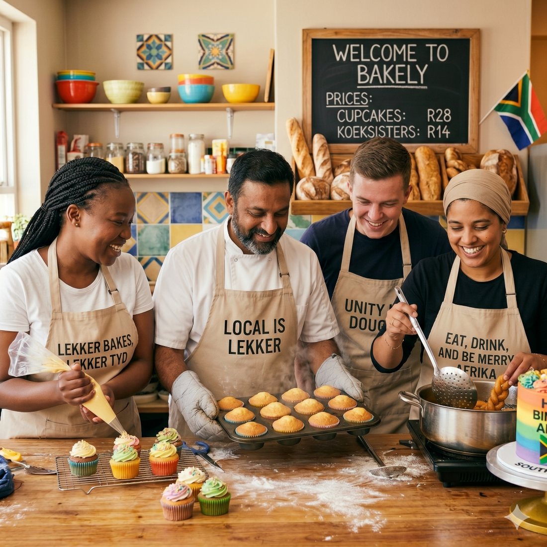 A diverse group of South African bakers at work in a Joburg kitchen